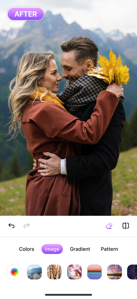 Interface of the Magic Eraser app showing a background replacement feature for a photo of a couple.