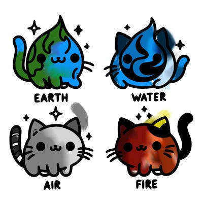 4 cats that represent the different elements, earth, water, air, and fire