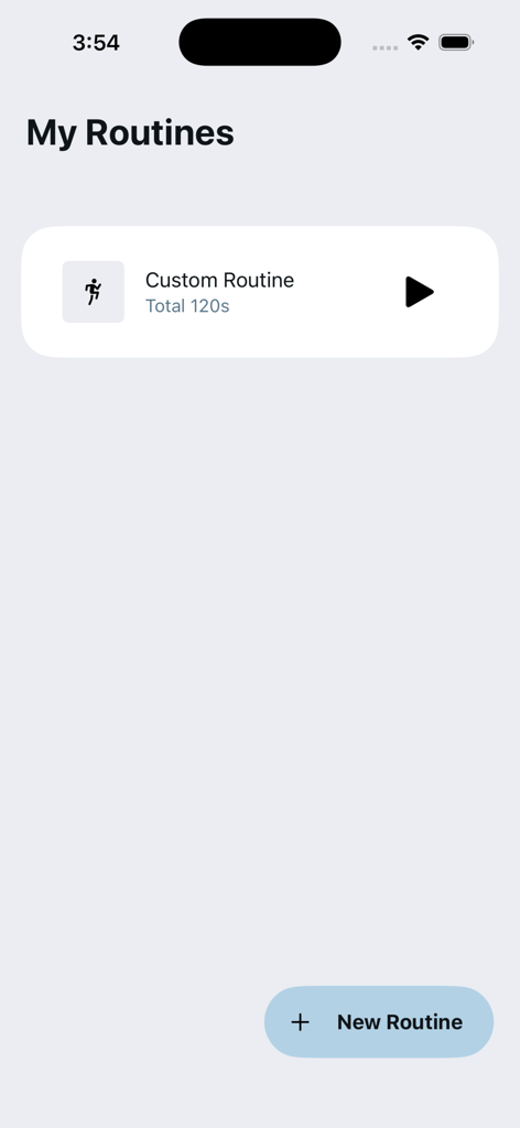 A tela 'Minhas Rotinas' no aplicativo Tabata Timer mostrando uma entrada de treino personalizado e um botão para criar novas rotinas.
