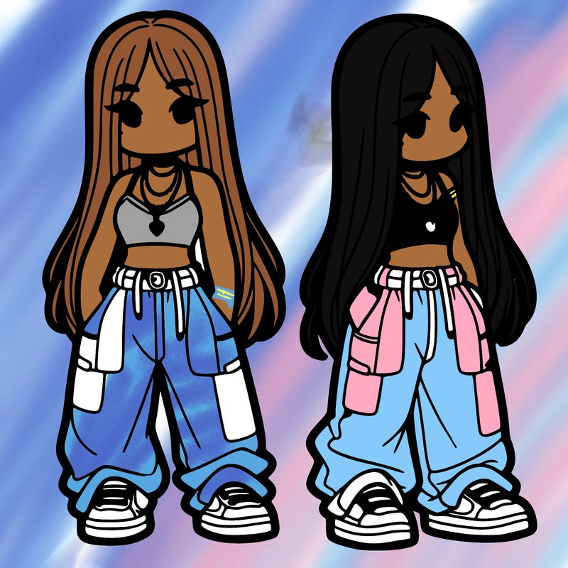 girl in baggy pants crop top and long hair
