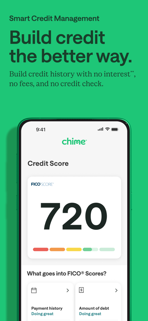 A smartphone showing the Chime app interface with a FICO credit score of 720 and credit management features.