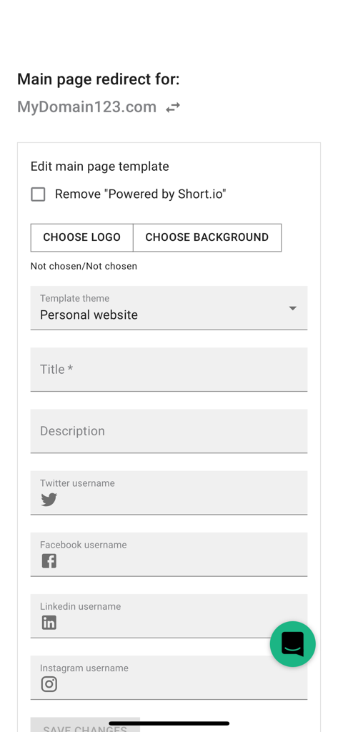 Short.io - Interface for editing a branded domain main page template in the Short.io app