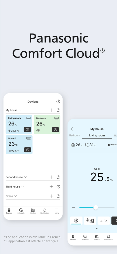 Panasonic Comfort Cloud - Interface of the Panasonic Comfort Cloud app for managing home heating and cooling systems.