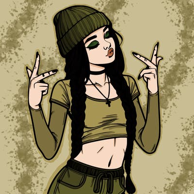 realistic teenage girl with braids and a beanie and crop top doing 🫶🏼