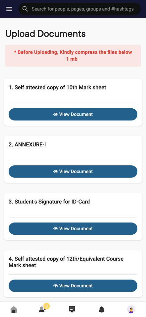 AdtU A Connect - Screenshot des Dokumenten-Upload-Bereichs in der AdtU A Connect Universitäts-App, der Optionen für Notenblatt- und ID-Karten-Unterschriften zeigt.