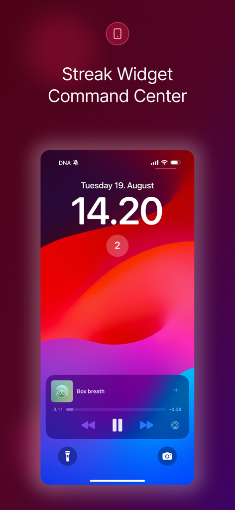 iPhone lock screen showing a meditation streak widget and audio controls for a box breathing exercise