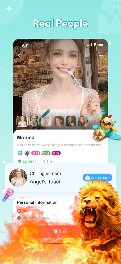Ein Benutzerprofil in der Whis-App mit persönlichen Informationen und einem Button zum Beitritt zu einem Chat-Raum.