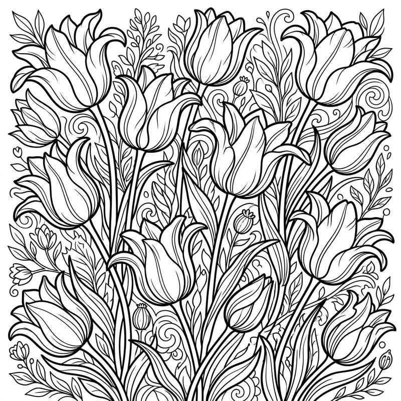 Discover the exquisite beauty of Lily-Flowered Tulips with this detailed coloring page, featuring elegant blooms and intricate botanical patterns. Perfect for unwinding and expressing your creativity through the art of coloring.