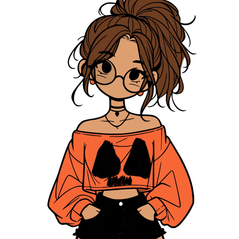 girl with a messy ponytail glasses a baggy crop top and jean shorts