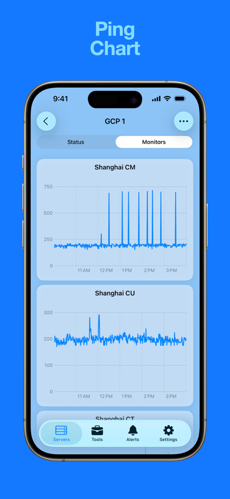 Nezha Mobile App, die Echtzeit-Server-Ping-Diagramme und Netzwerklatenzmetriken anzeigt.