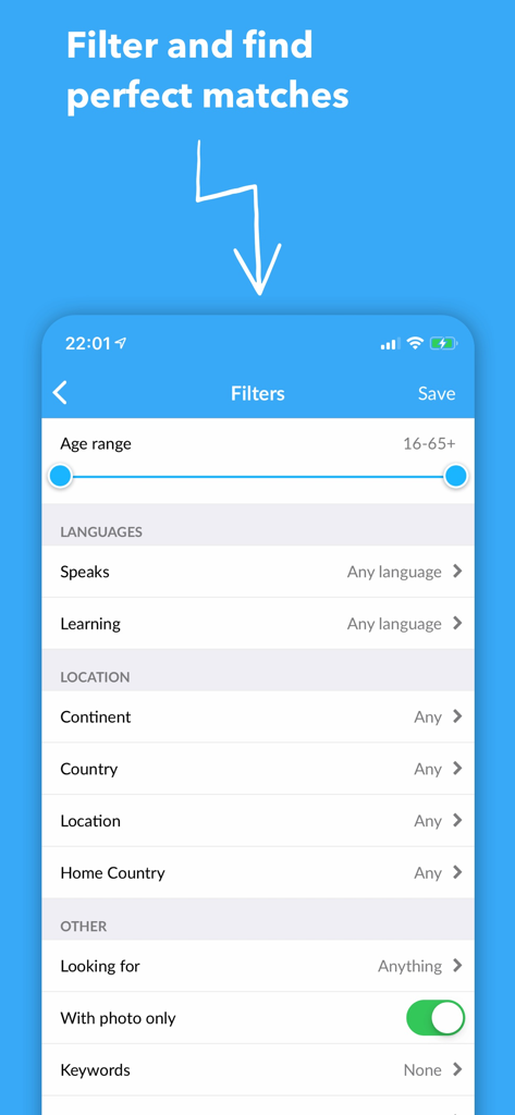 Paramètres de filtre dans l'application InterPals pour trouver des partenaires linguistiques par âge, langue et emplacement.