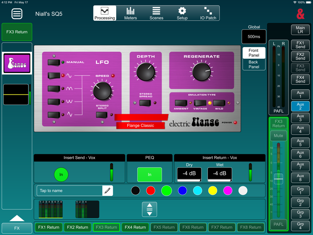 SQ MixPad - SQ MixPad app interface showing the Electric Flange effect processor controls on an iPad