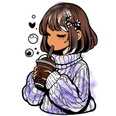 manga girl drinking boba in cozy sweater