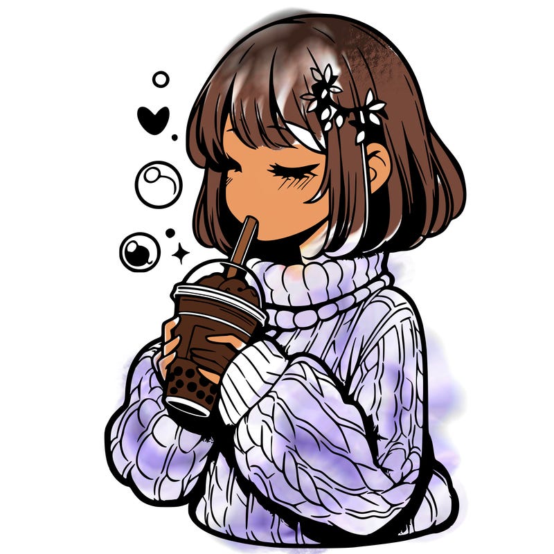 manga girl drinking boba in cozy sweater