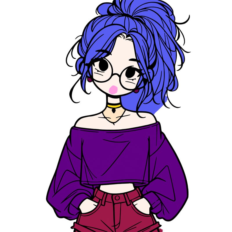 girl with a messy ponytail glasses a baggy crop top and jean shorts