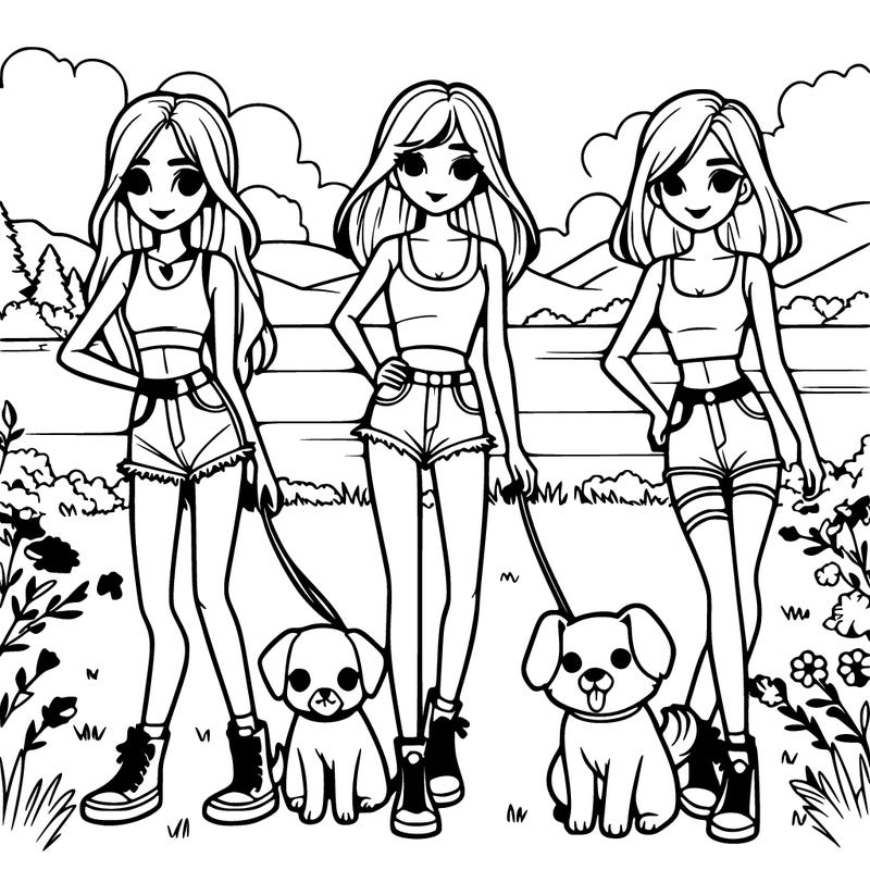 a group of three teen girls with crop tops and shorts with their dogs and in a meadow with a beautiful lake behind them