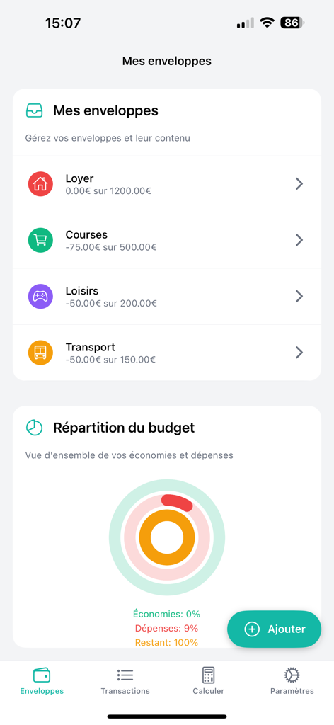 Cash Stuffing - Mobile app screen showing virtual cash stuffing envelopes and a budget breakdown chart