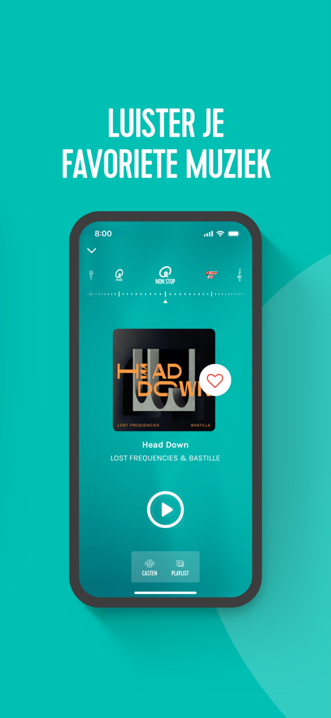 Interfaz del reproductor de música de la aplicación Qmusic mostrando la canción Head Down de Lost Frequencies y Bastille con un botón de reproducción y un ícono de favorito