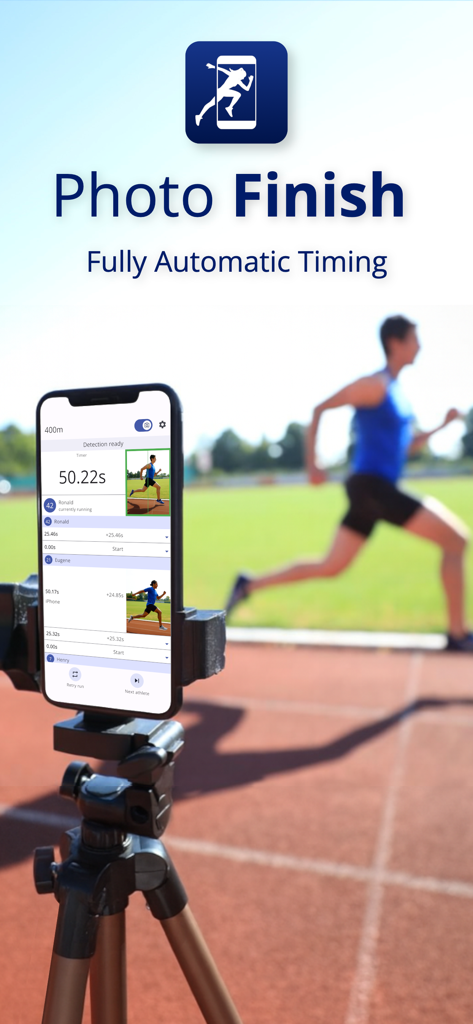 Photo Finish: Automatic Timing - Application Photo Finish sur un trépied chronométrant un athlète sur une piste de course