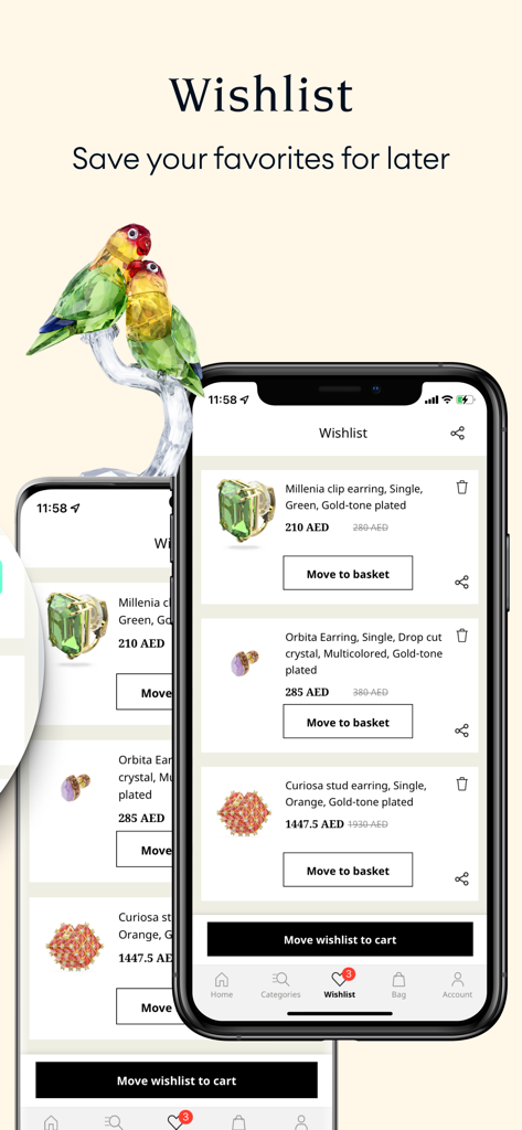 Swarovski KSA, UAE, Kuwait - 크리스탈 귀걸이와 앵무새 조각상이 저장된 스와로브스키 모바일 앱 위시리스트 화면
