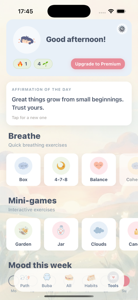 Buba – self-care buddy - Interfaz de la aplicación Buba que muestra afirmaciones diarias, ejercicios de respiración y minijuegos interactivos