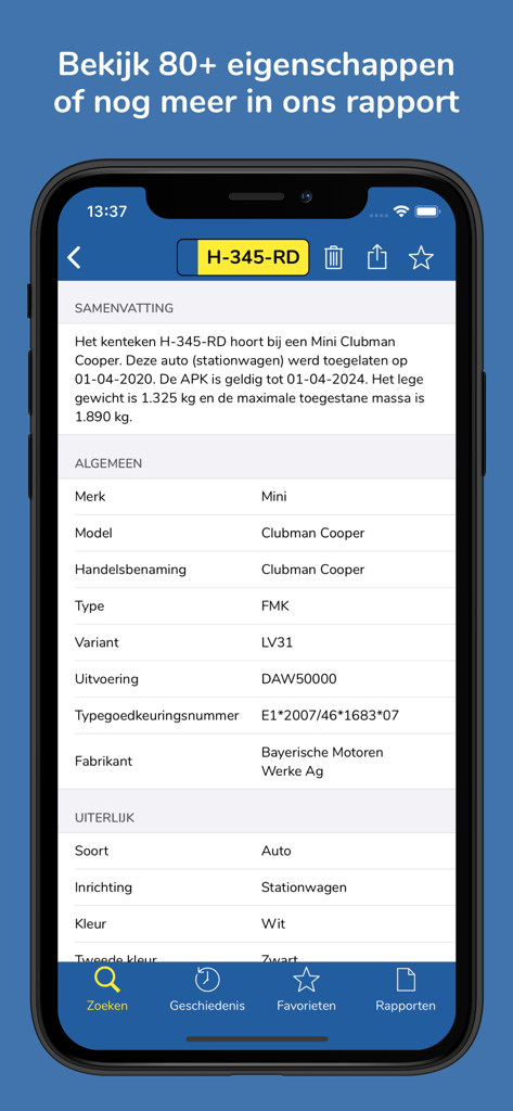Kenteken Check - Un écran d'application mobile affichant des informations détaillées sur le véhicule pour une plaque d'immatriculation néerlandaise, comprenant la marque, le modèle et les spécifications techniques.