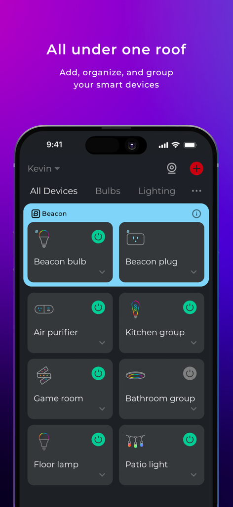 Globe Suite app interface showing a dashboard of various connected smart devices like bulbs and plugs