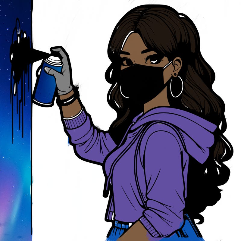 realistic girl with mask spray painting a wall