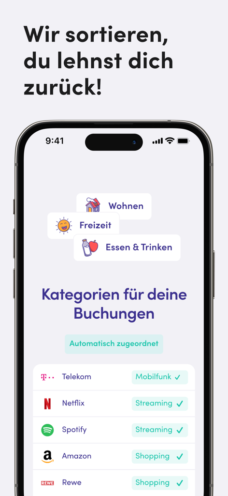 Finanzguru app interface showing automatic categorization of transactions into groups like streaming and shopping
