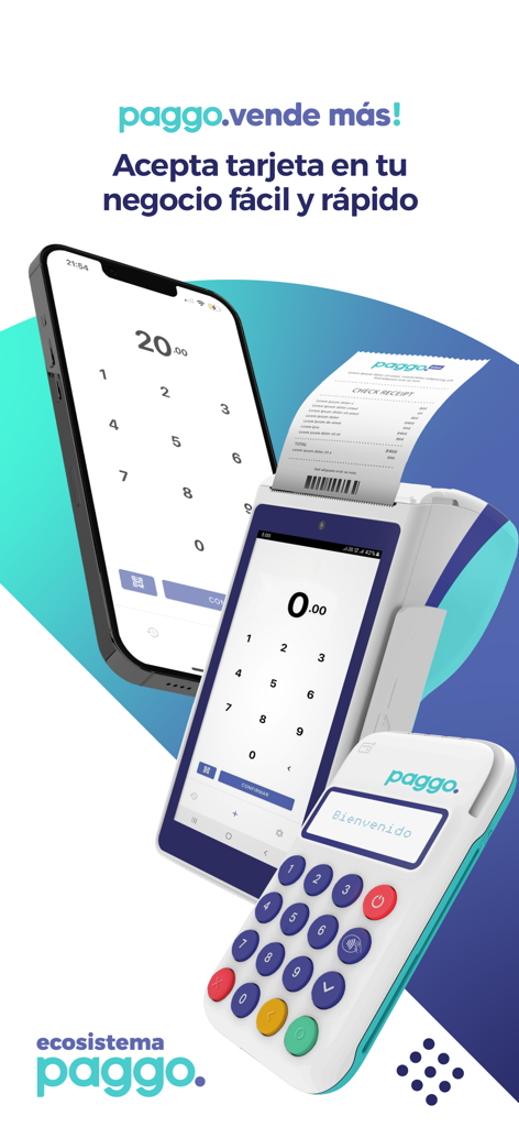 Paggo - POS y Links de Pago - Ecosistema de pago de Paggo mostrando un iPhone, una terminal de punto de venta inteligente y un lector de tarjetas portátil