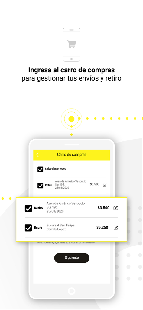 Chilexpress - Interfaz de la aplicación móvil Chilexpress que muestra la pantalla del carrito de compras con opciones para gestionar envíos y retiros.