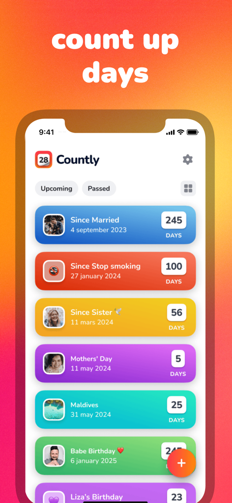 Countly: Countdown, Date Timer - Interface of the Countly app displaying a colorful list of past and upcoming events with day trackers