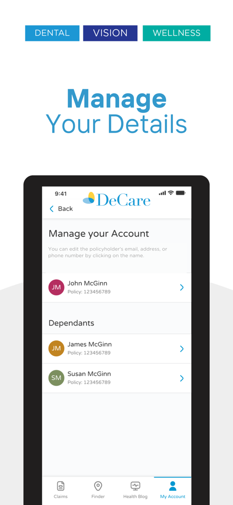DeCare - DeCare app screen for managing insurance policy and dependant details.