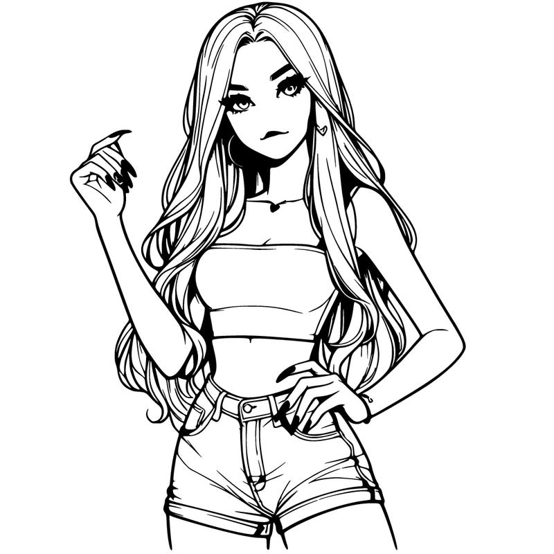 realistic pretty girl with long nails and wearing shorts and a crop top
