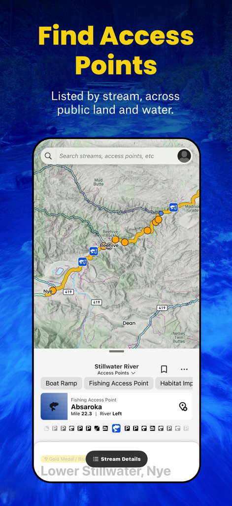 TroutRoutes: Fly Fishing App - TroutRoutes app screenshot showing a map with fishing access points and stream data for the Stillwater River