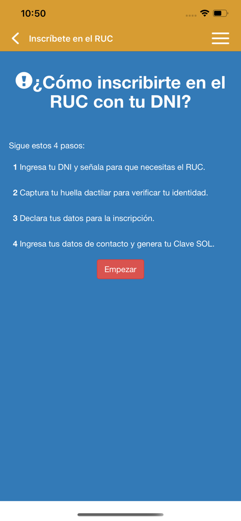 APP Personas - Screen showing steps to register for RUC with DNI in the SUNAT APP Personas