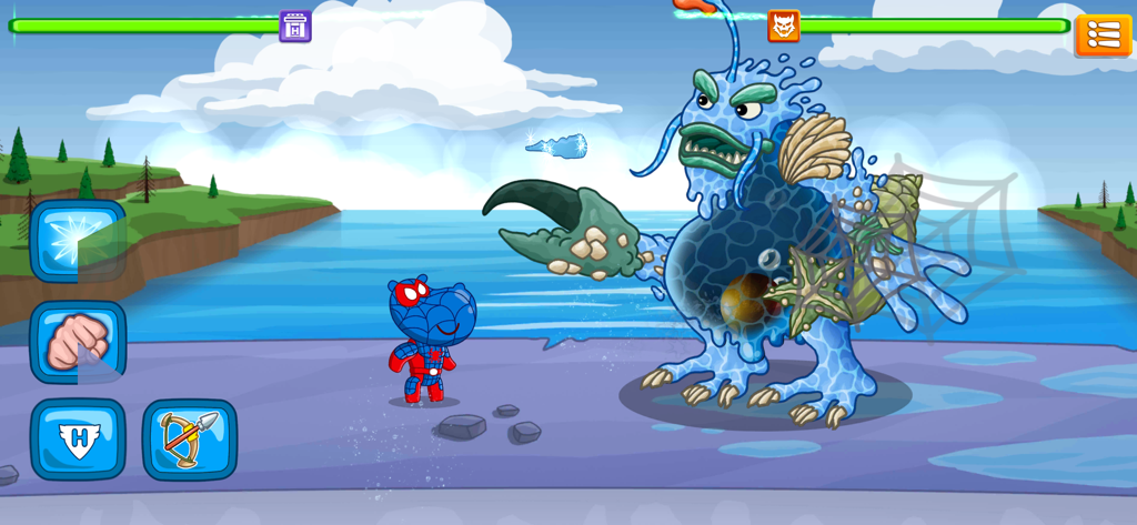 Hippo: Superheroes Battle - A hippo superhero in a spider suit fighting a giant blue water monster boss
