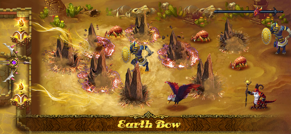 Defender III - Defender III gameplay featuring the Earth Bow elemental magic skill in a desert battle