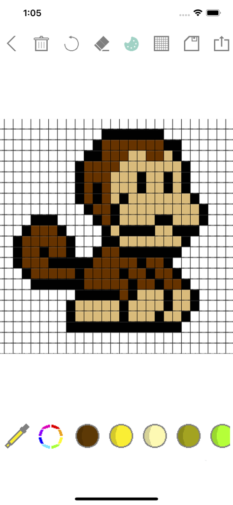 Pixel Art - draw with dots - Eine Pixel-Art-Zeichnung eines braunen Affen auf einem Raster in der Benutzeroberfläche der mobilen App.