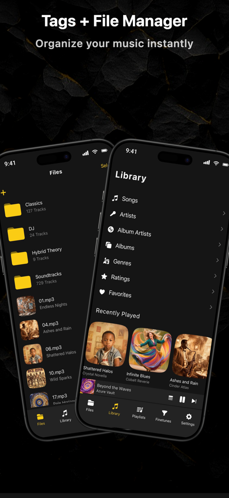 Offline music player interface showing file folders and music library organization