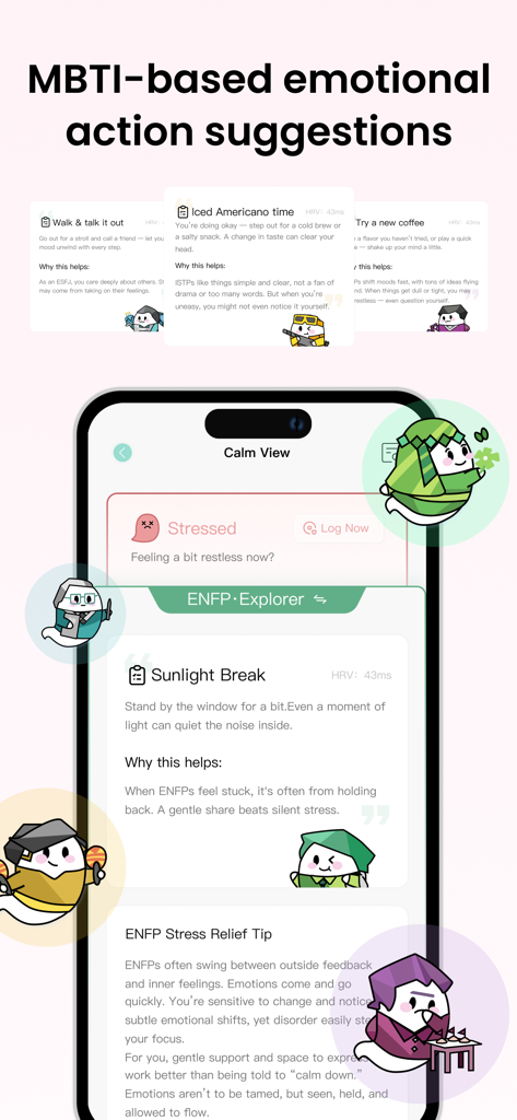 Interface de l'application MoodyWatch montrant des suggestions d'actions émotionnelles basées sur le MBTI et des conseils de soulagement du stress pour un type de personnalité ENFP.