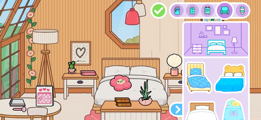 Ein anpassbares Schlafzimmerinterieur im mobilen Spiel Prinzessinnen-Traumhaus.