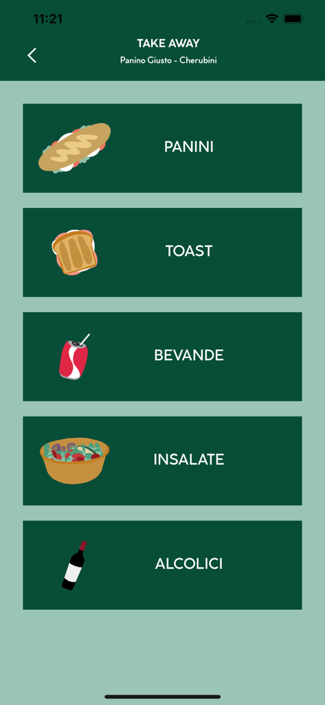 A menu selection screen in the MY Panino Giusto app showing take away categories like panini, toast, drinks, and salads.