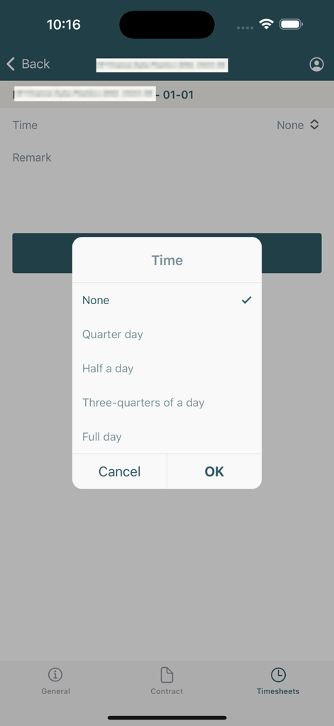ADM - Interface of ADM app displaying a popup menu to select work duration for a timesheet entry