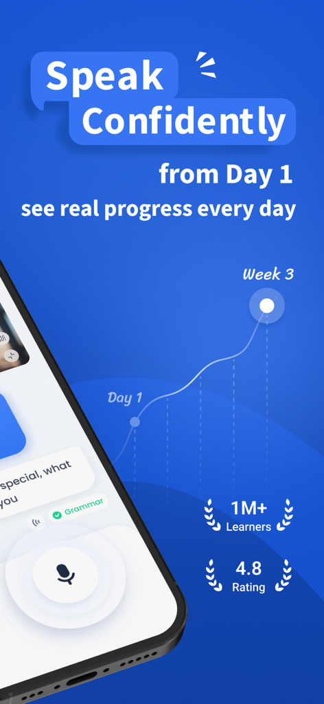 TalkMe App-Oberfläche, die ein Fortschrittsdiagramm zum Erlernen von Sprachen und Benutzerbewertungen zeigt