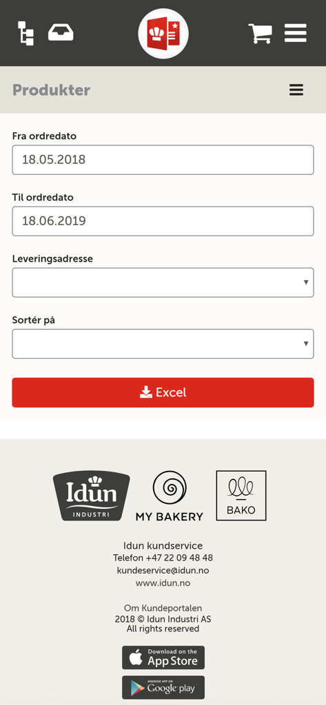 Kundeportal - Order history filter screen in the Idun Kundeportal app for bakery supplies