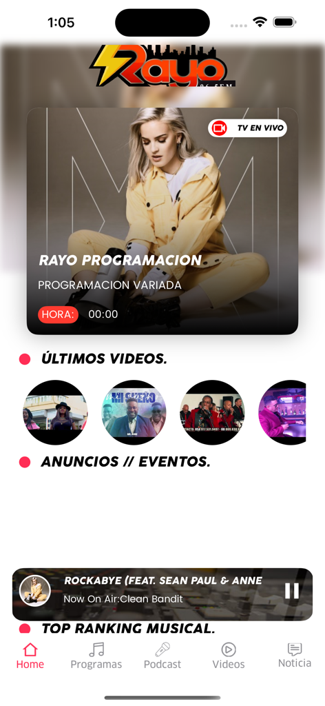 Rayo 96.5 Fm - Rayo 96.5 FM app home screen displaying Latin music programs and videos