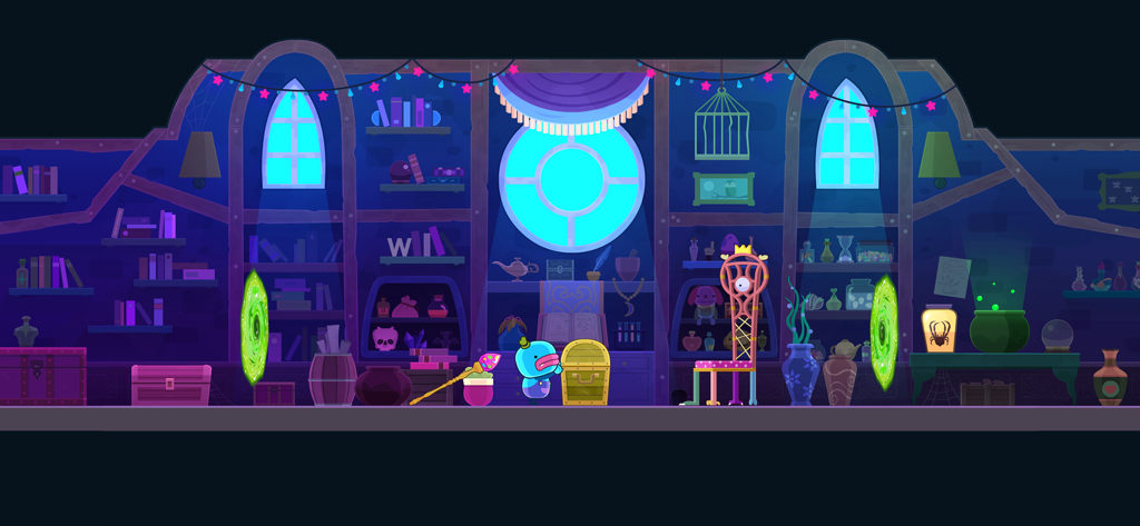Bring You Home - Blue alien character Polo in a whimsical magic library with glowing green portals and potion bottles