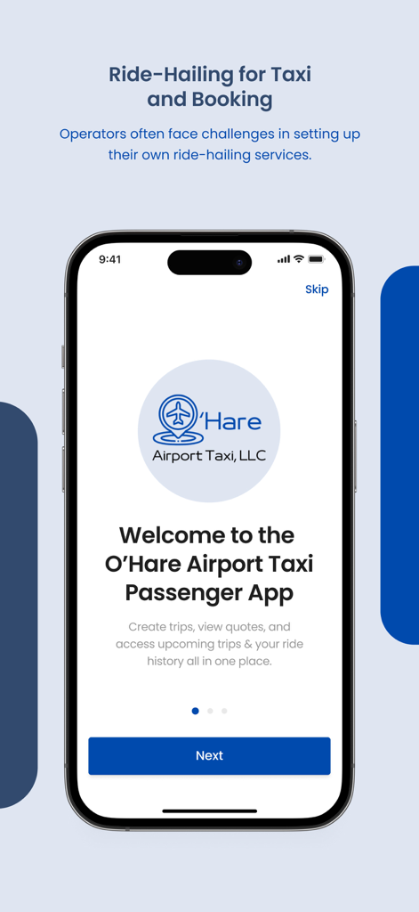 Ohare Airport Taxi - Welcome screen of the Ohare Airport Taxi passenger app for ride booking