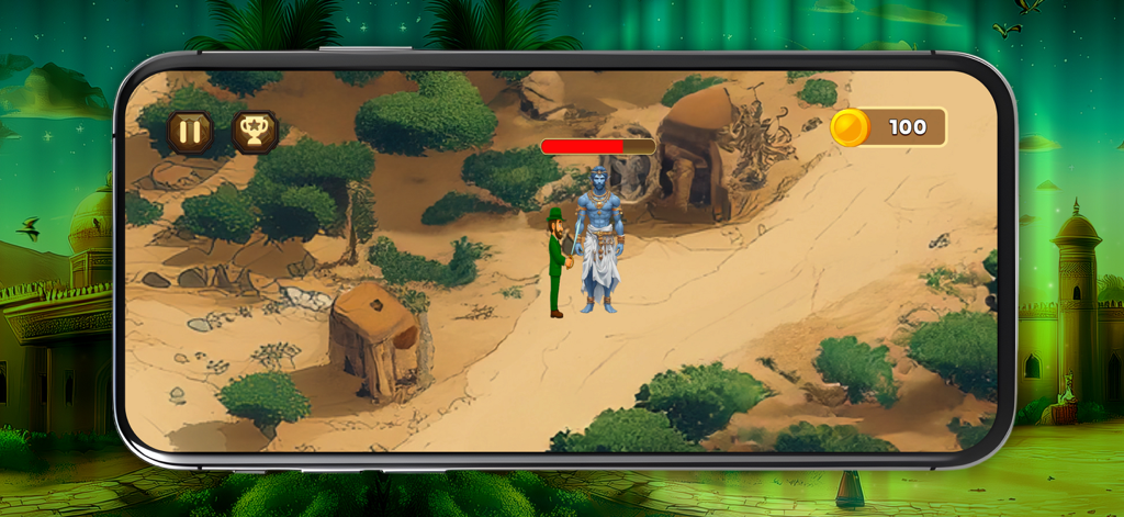 Geen Sultan: Wild Desert - A character in a green suit encounters a blue genie in a desert landscape within the Geen Sultan Wild Desert mobile game.